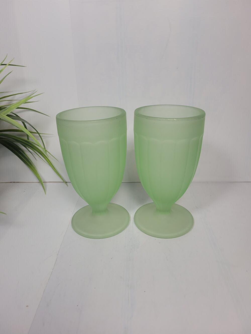 2 Vintage Tiara Green Frosted Goblets, Malt Glasses